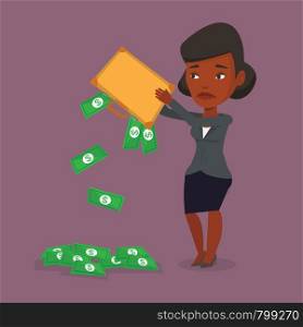 Depressed african-american bankrupt shaking out money from his briefcase. Despaired bankrupt business woman emptying a briefcase. Bankruptcy concept. Vector flat design illustration. Square layout.. Bankrupt shaking out money from his briefcase.