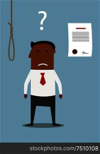 Depressed african american businessman choosing between debt noose and bankruptcy. Difficult choice or financial failure concept. Bancrupt businessman thinking about debt noose
