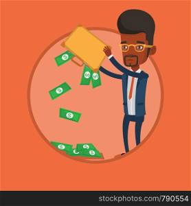Depressed african-american businessman shaking out money from briefcase. Despaired businessman emptying a briefcase with his money. Vector flat design illustration in the circle isolated on background. Businessman shaking out money from his briefcase.