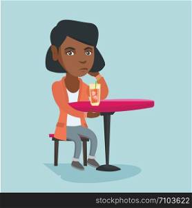 Depressed african woman sitting in the bar and drinking an alcoholic cocktail. Young woman in depression sitting in the bar with an alcoholic cocktail. Vector cartoon illustration. Square layout.. African woman drinking a cocktail in the bar.