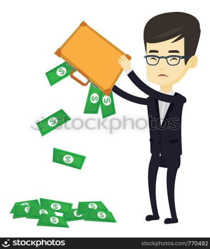 Depressed asian bankrupt shaking out money from briefcase. Despaired young bankrupt business man emptying briefcase. Bankruptcy concept. Vector flat design illustration isolated on white background.. Bankrupt shaking out money from his briefcase.