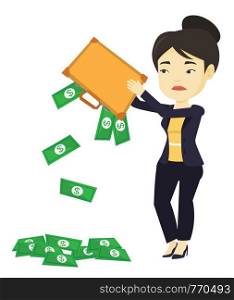 Depressed asian bankrupt shaking out money from briefcase. Despaired young bankrupt business woman emptying briefcase. Bankruptcy concept. Vector flat design illustration isolated on white background.. Bankrupt shaking out money from her briefcase.