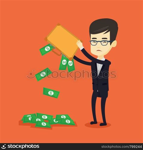 Depressed asian bankrupt shaking out money from his briefcase. Despaired young bankrupt business man emptying his briefcase. Bankruptcy concept. Vector flat design illustration. Square layout.. Bankrupt shaking out money from his briefcase.