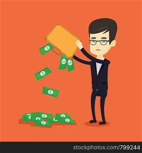 Depressed asian bankrupt shaking out money from his briefcase. Despaired young bankrupt business man emptying his briefcase. Bankruptcy concept. Vector flat design illustration. Square layout.. Bankrupt shaking out money from his briefcase.