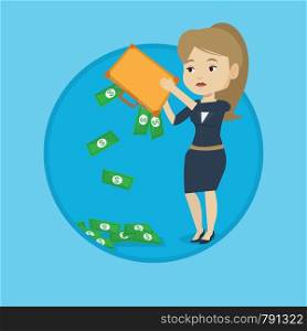 Depressed bankrupt shaking out money from briefcase. Despaired bankrupt business woman emptying a briefcase. Bankruptcy concept. Vector flat design illustration in the circle isolated on background.. Bankrupt shaking out money from her briefcase.