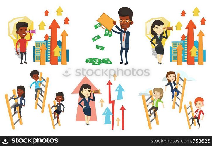 Depressed bankrupt shaking out money from his briefcase. Despaired bankrupt businessman emptying a briefcase. Bankruptcy concept. Set of vector flat design illustrations isolated on white background.. Vector set of business characters.