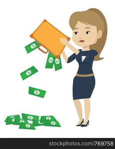 Depressed caucasian bankrupt shaking out money from briefcase. Despaired bankrupt business woman emptying a briefcase. Bankruptcy concept. Vector flat design illustration isolated on white background. Bankrupt shaking out money from her briefcase.