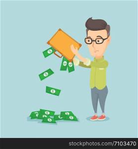 Depressed caucasian bankrupt shaking out money from his briefcase. Despaired bankrupt business man emptying a briefcase. Bankruptcy concept. Vector flat design illustration. Square layout.. Bankrupt shaking out money from his briefcase.