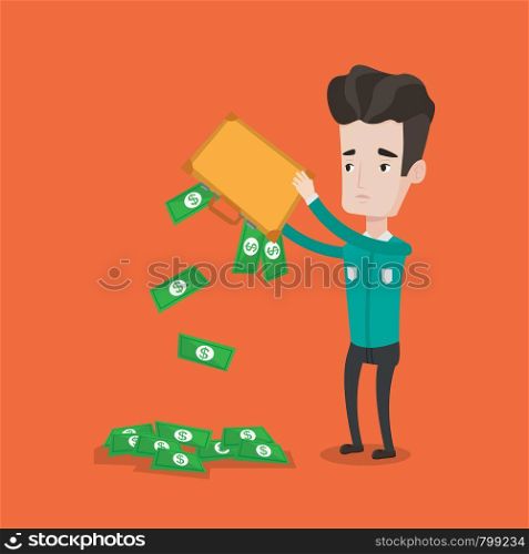 Depressed caucasian businessman shaking out money from his briefcase. Despaired businessman emptying a briefcase with his savings. Bankruptcy concept. Vector flat design illustration. Square layout.. Businessman shaking out money from his briefcase.