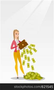 Depressed caucasian female bankrupt shaking out money from a briefcase. Despaired bankrupt business woman emptying a briefcase. Concept of bnkruptcy. Vector flat design illustration. Vertical layout.. Bankrupt shaking out money from her briefcase.