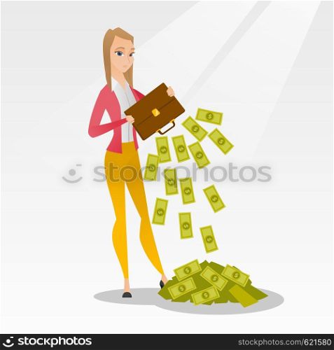 Depressed caucasian female bankrupt shaking out money from a briefcase. Despaired bankrupt business woman emptying a briefcase. Concept of bnkruptcy. Vector flat design illustration. Square layout.. Bankrupt shaking out money from her briefcase.