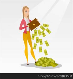 Depressed caucasian female bankrupt shaking out money from a briefcase. Despaired bankrupt business woman emptying a briefcase. Concept of bnkruptcy. Vector flat design illustration. Square layout.. Bankrupt shaking out money from her briefcase.