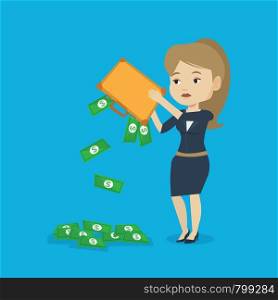 Depressed caucasian female bankrupt shaking out money from her briefcase. Despaired bankrupt business woman emptying a briefcase. Bankruptcy concept. Vector flat design illustration. Square layout.. Bankrupt shaking out money from her briefcase.