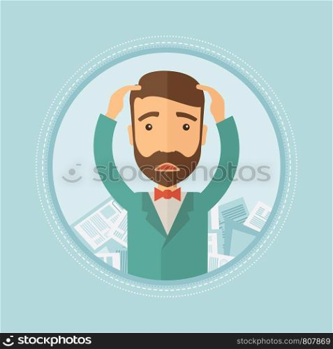 Depressed caucasian hipster businessman with beard sitting in heap of papers. Frustrated businessman having a lot of paperwork. Vector flat design illustration in the circle isolated on background.. Businessman having lot of paperwork.