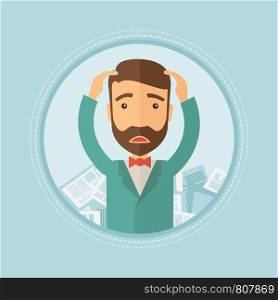 Depressed caucasian hipster businessman with beard sitting in heap of papers. Frustrated businessman having a lot of paperwork. Vector flat design illustration in the circle isolated on background.. Businessman having lot of paperwork.
