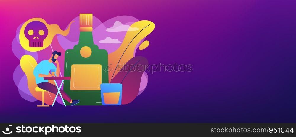 Depressed drunk man sitting and drinking alcohol at big bottle with skull. Drinking alcohol, alcohol addiction, alcoholism therapy concept. Header or footer banner template with copy space.. Drinking alcohol concept banner header.