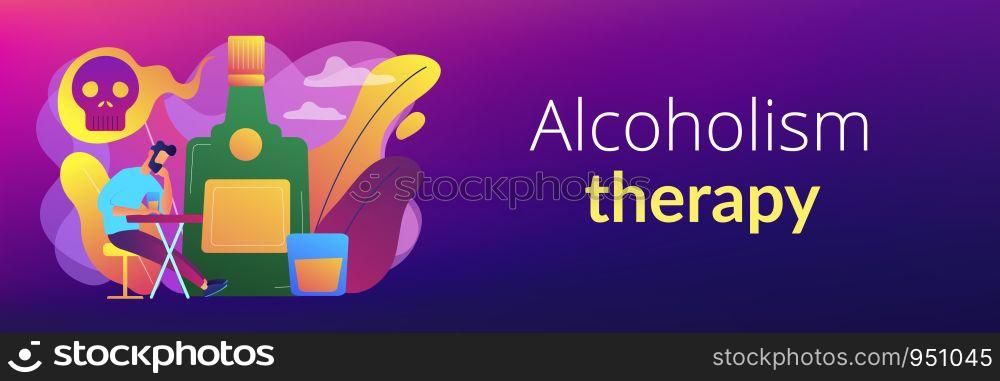 Depressed drunk man sitting and drinking alcohol at big bottle with skull. Drinking alcohol, alcohol addiction, alcoholism therapy concept. Header or footer banner template with copy space.. Drinking alcohol concept banner header.