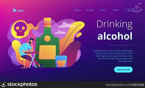 Depressed drunk man sitting and drinking alcohol at big bottle with skull. Drinking alcohol, alcohol addiction, alcoholism therapy concept. Website vibrant violet landing web page template.. Drinking alcohol concept landing page.