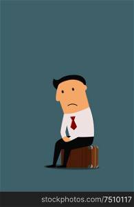 Depressed fired cartoon businessman sitting on a suitcase after dismissal. Unemployment theme concept. Unemployed cartoon businessman after dismissal