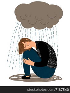 Depressed girl. Cartoon depressive woman and crying rain, ill sorrow miserable unhappy woman depression, miserables depress feeling, vector illustration. Depressed girl and crying rain