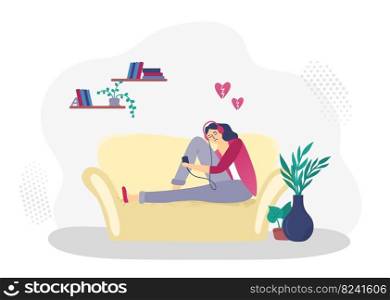 Depressed girl sitting on sofa, fall in love. Illustration of problem depressed, young woman depression and sadness vector. Depressed girl sitting on sofa, fall in love