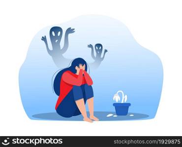 Depressed girl with anxiety and scary fantasies feeling sorrow,fears, sadness vector illustration