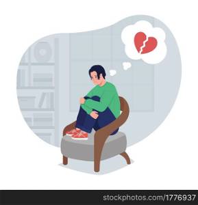 Depressed lonely boy thinking of heartbreak 2D vector isolated illustration. Teen depressed sitting in chair at home flat characters on cartoon background. Teenager problem colourful scene. Depressed lonely boy thinking of heartbreak 2D vector isolated illustration