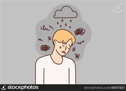 Depressed man crying due to bad weather and regular stress needs support of friends or help of psychotherapist. Pessimistic guy crying feels mood swings during rain. Depressed man crying due to bad weather and stress needs support psychotherapist