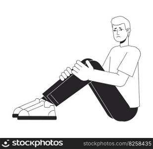 Depressed man sitting and holding legs flat line black white vector character. Editable isolated outline full body person. Simple cartoon style spot illustration for web graphic design, animation. Depressed man sitting and holding legs flat line black white vector character