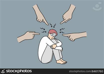 Depressed man sitting on floor feeling anxiety from hands pointing at him. Anonymous people fingers making stressed male guilty. Depression and anxiety. Vector illustration.. Stressed man distressed with hands pointing
