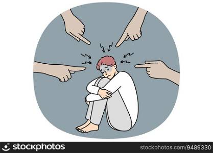 Depressed man sitting on floor feeling anxiety from hands pointing at him. Anonymous people fingers making stressed male guilty. Depression and anxiety. Vector illustration.. Stressed man distressed with hands pointing
