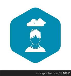 Depressed man with dark cloud over his head icon in simple style isolated on white background. Depressed man with dark cloud over his head icon
