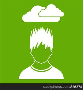 Depressed man with dark cloud over his head icon white isolated on green background. Vector illustration. Depressed man with dark cloud over his head icon green