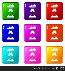 Depressed man with dark cloud over his head icons of 9 color set isolated vector illustration. Depressed man with dark cloud over his head icons