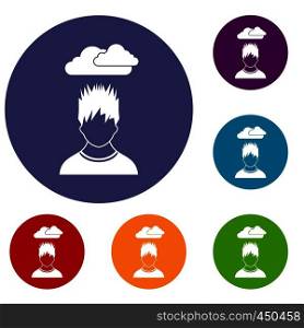 Depressed man with dark cloud over his head icons set in flat circle reb, blue and green color for web. Depressed man with dark cloud over his head icons