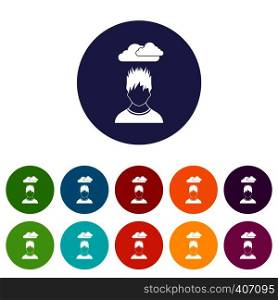 Depressed man with dark cloud over his head set icons in different colors isolated on white background. Depressed man set icons