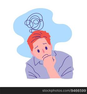 depressed man with stressful and confusion rest chin in hand pose action vector illustration