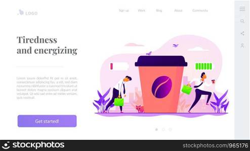 Depressed office worker, stress and emotional burnout. Caffeine stimulating effect. Coffee break, low energy, tiredness and energizing concept. Website homepage header landing web page template.. Coffee break landing page template