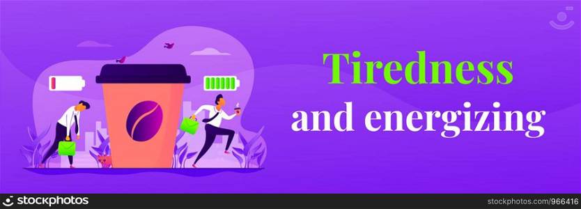 Depressed office worker, stress and emotional burnout. Caffeine stimulating effect. Coffee break, low energy, tiredness and energizing concept. Header or footer banner template with copy space.. Coffee break web banner concept