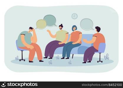Depressed people counseling with psychologist isolated flat vector illustration. Cartoon characters talking with doctor on psychotherapist sessions. Group therapy and support concept