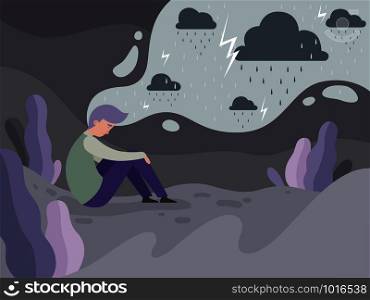 Depressed people. Loneliness alone in the city tired man rainy weather vector concept background. Illustration of man mental, tired and depression, stress frustrated. Depressed people. Loneliness alone in the city tired man rainy weather vector concept background
