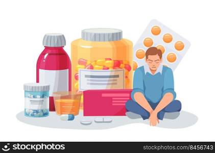Depressed person sitting near big bottles with pills. Stressed man in despair having medical treatment. Male character having psychological problems curing with medical drugs vector illustration. Depressed person sitting near big bottles with pills. Stressed man in despair having medical treatment