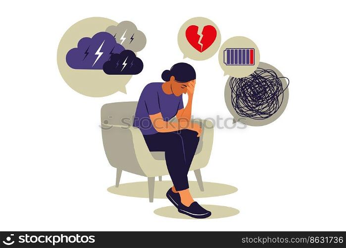 Depressed sad woman thinking over problems. Depression disorder  anxiety, crisis, tears, exhaustion, loss, overworked, tired. Vector. Flat