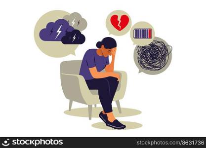 Depressed sad woman thinking over problems. Depression disorder  anxiety, crisis, tears, exhaustion, loss, overworked, tired. Vector. Flat