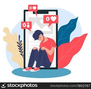 Depressed teenager sad of unpopular account in social media or network. Male character upset sitting with phone, Vector in flat style. Unpopular teenager depressed from social network