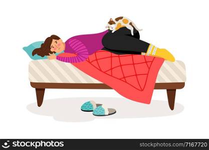 Depressed woman and cat. Sad woman in bed colorful icon on white background. Depressed woman and cat