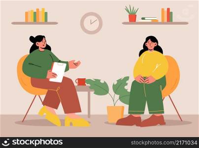 Depressed woman client visit clinic counseling for psychologist appointment and professional help. Doctor talking with patient about mind problems at private session, Line art flat vector illustration. Woman client in clinic counseling with doctor
