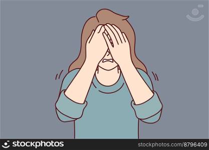 Depressed woman covers eyes with hands when she cries or sees something scary. Nervous girl experiencing stress and depression after breaking up with boyfriend or problems at work. Flat vector design . Depressed woman covers eyes with hands when she cries or sees something scary. Vector image