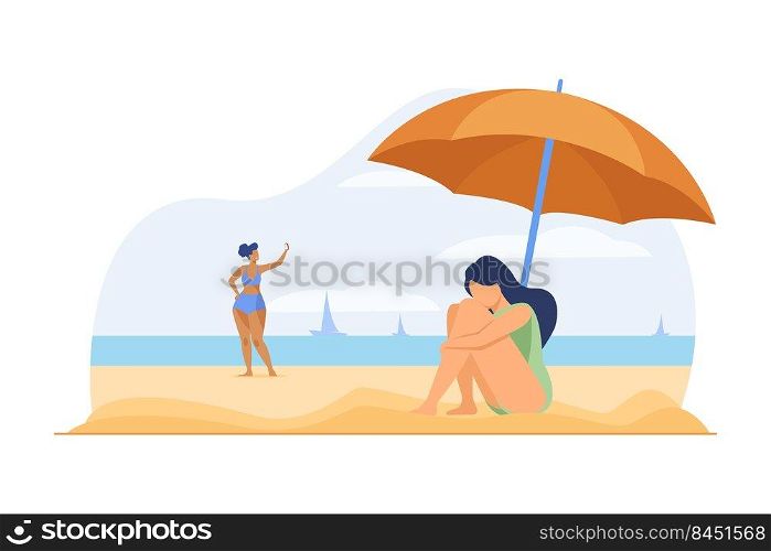 Depressed woman on sea beach. Sad girl sitting on sand under umbrella flat vector illustration. Major depression, vacation, loneliness concept for banner, website design or landing web page