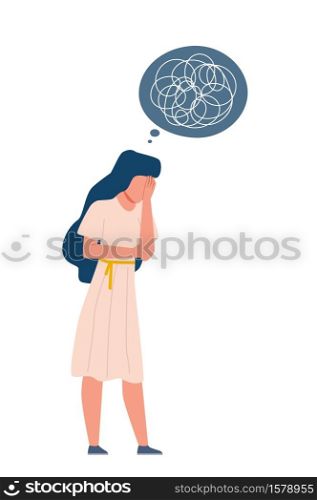 Depressed woman. Oppressed disorder mind, solitude stress and anxiety. Unhappy female and messy thoughts as line doodle negative emotions before psychotherapy cartoon flat vector isolated illustration. Depressed woman. Oppressed disorder mind, solitude stress and anxiety. Unhappy female and messy thoughts as line doodle negative emotions before psychotherapy flat vector illustration